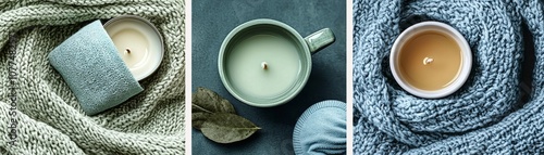 A cozy arrangement featuring knitted textiles and scented candles, creating a warm and inviting atmosphere for relaxation.