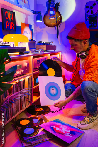 Music Enthusiast Sorting Vinyls