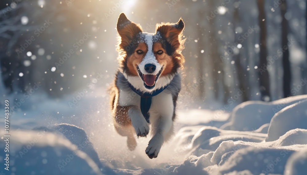 Energetic dog running through a snowy forest in winter, with a joyful expression and snowflakes scattering around, creating a dynamic scene Energetic dog running through a snowy forest in winter, with a joyful expression and snowflakes scattering around, creating a dynamic scene