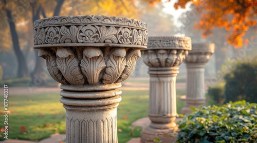 Ornate stone pillars in a park with a soft focus background. photo