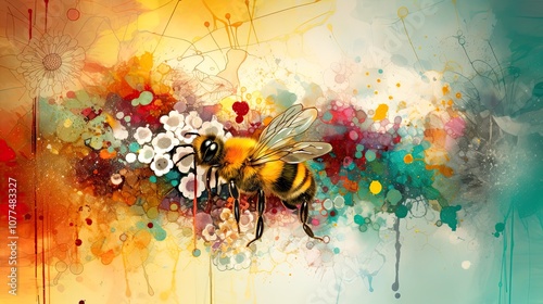 Abstract painting of a bee with vibrant flower splashes and drips photo