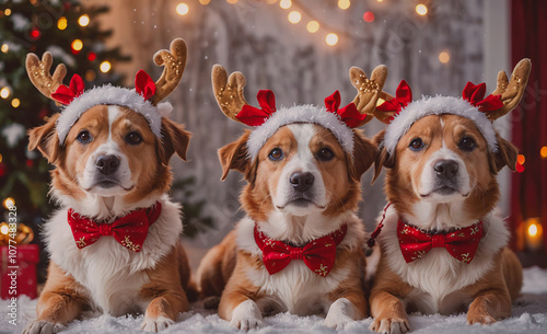 Three dogs are wearing red bows and deer ears