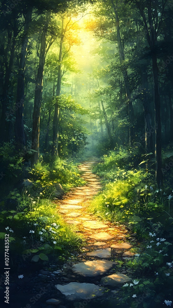 Obraz premium A serene forest path illuminated by soft sunlight, inviting exploration and tranquility.