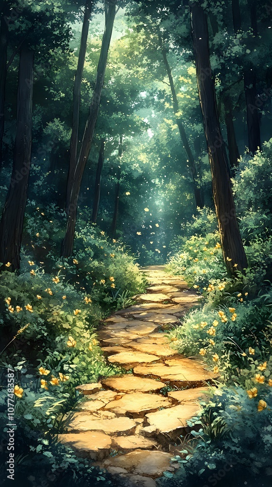 A serene forest path illuminated by sunlight, surrounded by lush greenery and flowers.