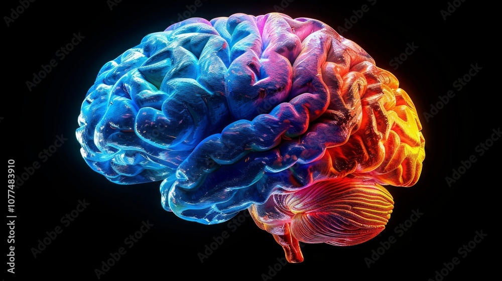 A vibrant, colorful rendering of the human brain, isolated on a black background. A vibrant, colorful rendering of the human brain, isolated on a black background.