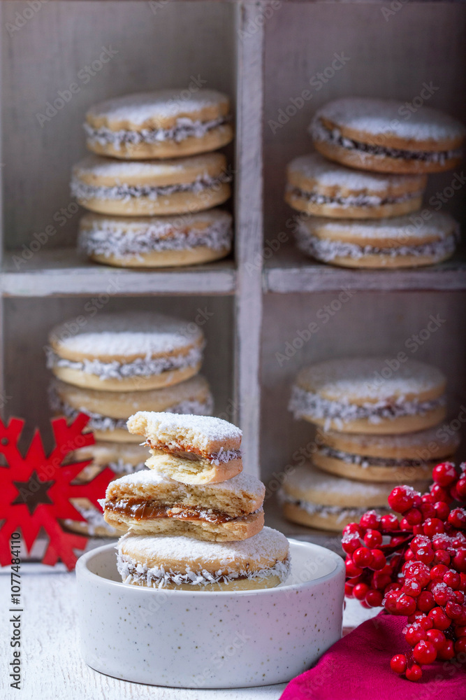 Alfajor, a traditional Latin American cookie made from shortcrust pastry filled with dolce de leche.