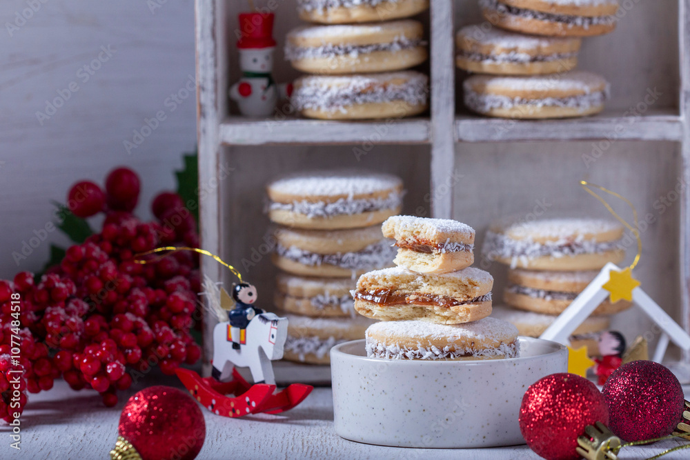 Alfajor, a traditional Latin American cookie made from shortcrust pastry filled with dolce de leche.