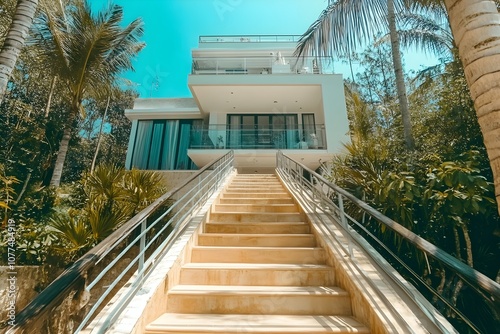 Long Entrance Pathway to Modern Two-Storey Villa with Thin Water Channel on Raised Platform, Flanked by Tall Palms and Shrubs, Professional Editorial Photo in Bright Natural Light photo