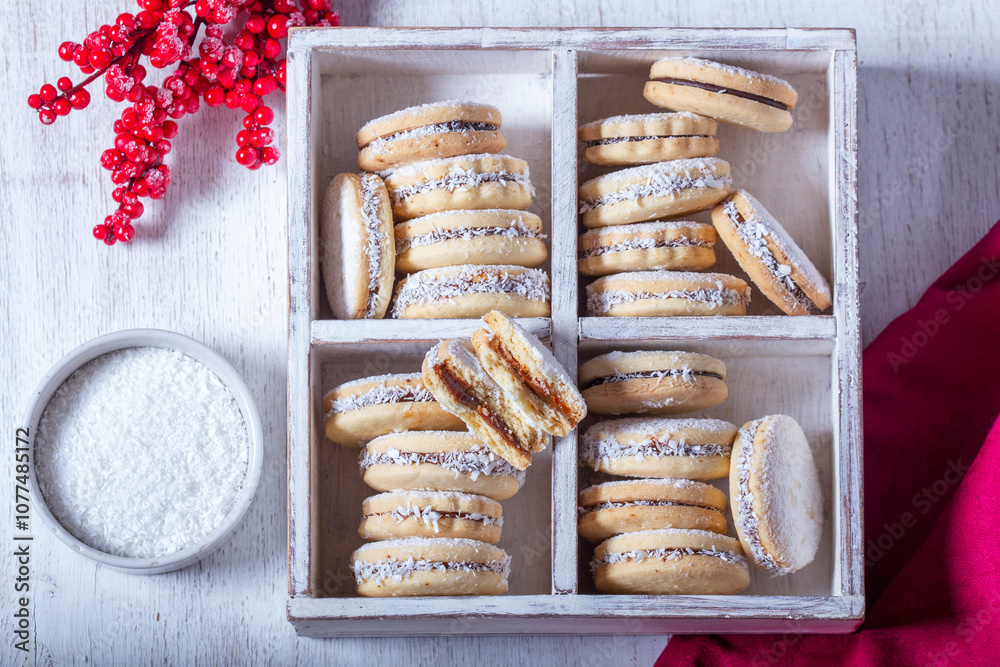 Alfajor, a traditional Latin American cookie made from shortcrust pastry filled with dolce de leche.