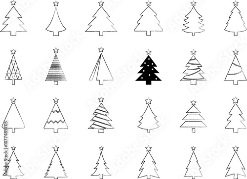 Christmas Tree simple line icons vector set. Christmas Tree with star thin line icons set. Linear fir, pine icon collection. New year holiday Simple contour xmas symbol isolated on white vector