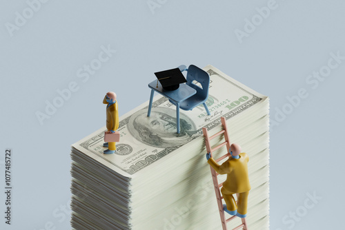 3D Render of Education Cost with Figures Climbing Money Stack
