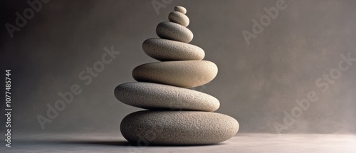 Balanced stones form a calming zen sculpture on a textured gray backdrop, embodying harmony and tranquility. photo