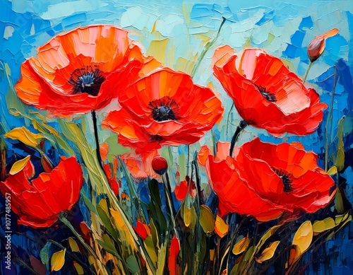 Bold oil painting showcasing vibrant red poppies, dynamic brush strokes, rich texture, contrasting hues of red, blue, delicate petals, vivid floral display, abstract expression, impressionist influenc photo