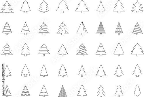 Christmas Tree simple line icons vector set. Christmas Tree with star thin line icons set. Linear fir, pine icon collection. New year holiday Simple contour xmas symbol isolated on white vector