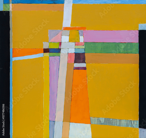 A geometric abstract painting, roughly executed. photo