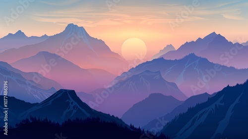 Silhouettes of mountains at sunset with a glowing sun peeking over the horizon.