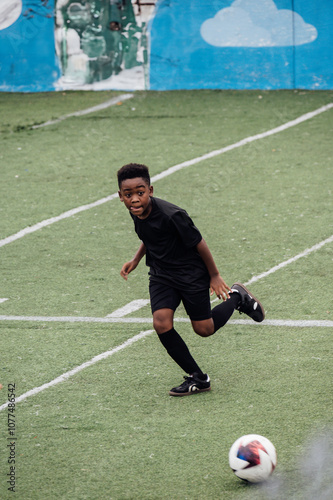 Boy playing soccer on field photo