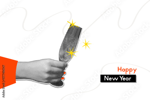 Happy new year retro banner. Halftone Hands holding champagne glasses. Trendy collage mixed media art. Groove vintage Design for poster or greeting card. 90s Vector illustration.
