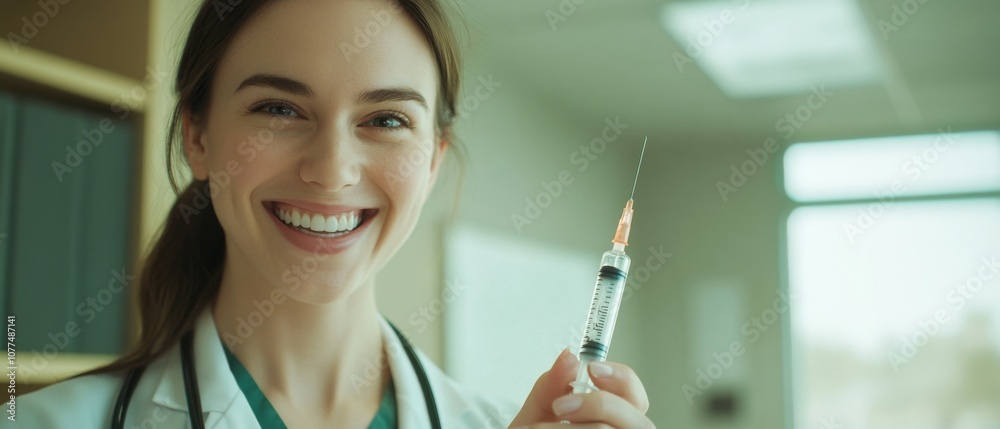 A smiling healthcare professional holds a syringe, epitomizing care, professionalism, and the importance of healthcare. A smiling healthcare professional holds a syringe, epitomizing care, professionalism, and the importance of healthcare.