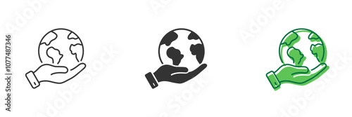 Hand Holding Earth Line and Silhouette Icon Set. Human Environmental Protection Icon. World Environment Conservation Pictogram. Editable Stroke. Isolated Vector Illustration
