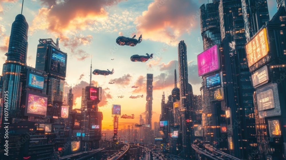 Fototapeta premium Futuristic Cityscape with Flying Vehicles at Sunset