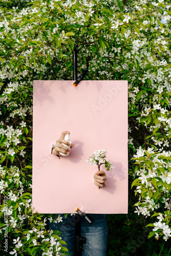 Hands with spray bottle emerging from pink poster in garden scene photo