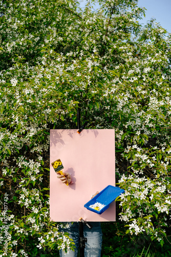 Hands holding paintbrush and tray in flowering garden, renovation