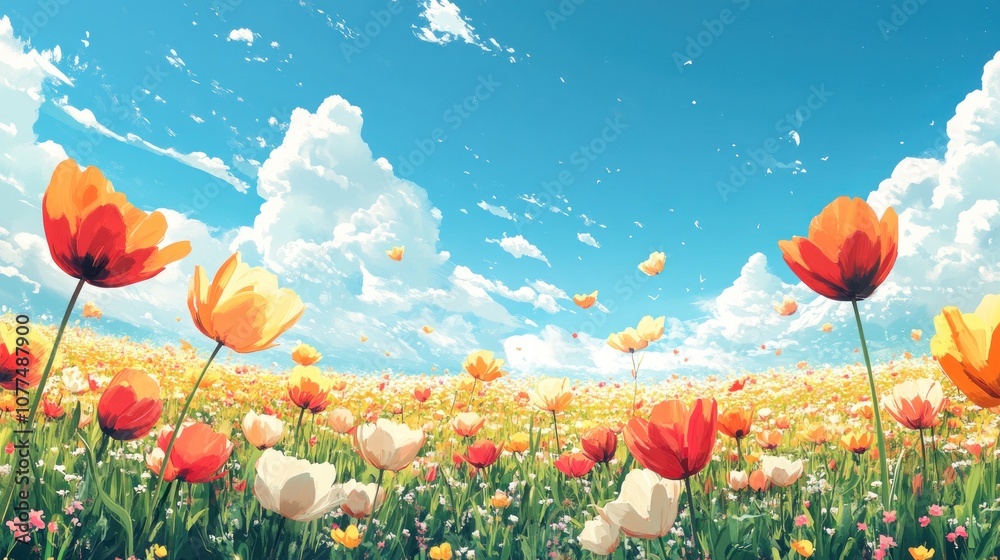 Fototapeta premium A vibrant field of colorful flowers under a bright blue sky with fluffy white clouds.