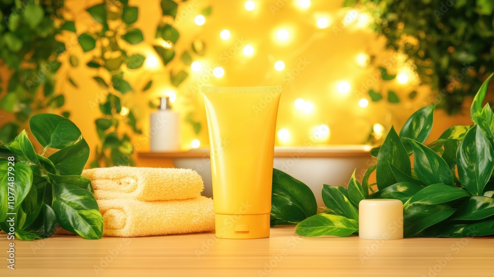 Cozy skincare mockup with hand cream tube and relaxing bath decor Cozy skincare mockup with hand cream tube and relaxing bath decor
