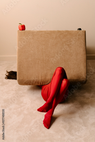 Surreal Composition With Legs, Sofa, And Red Apple photo