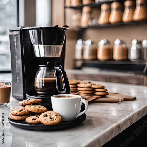 café passado sobre bancada da cafeteria junto a cafeteira e cookies com chocolate. ambiente claro e aconchegante