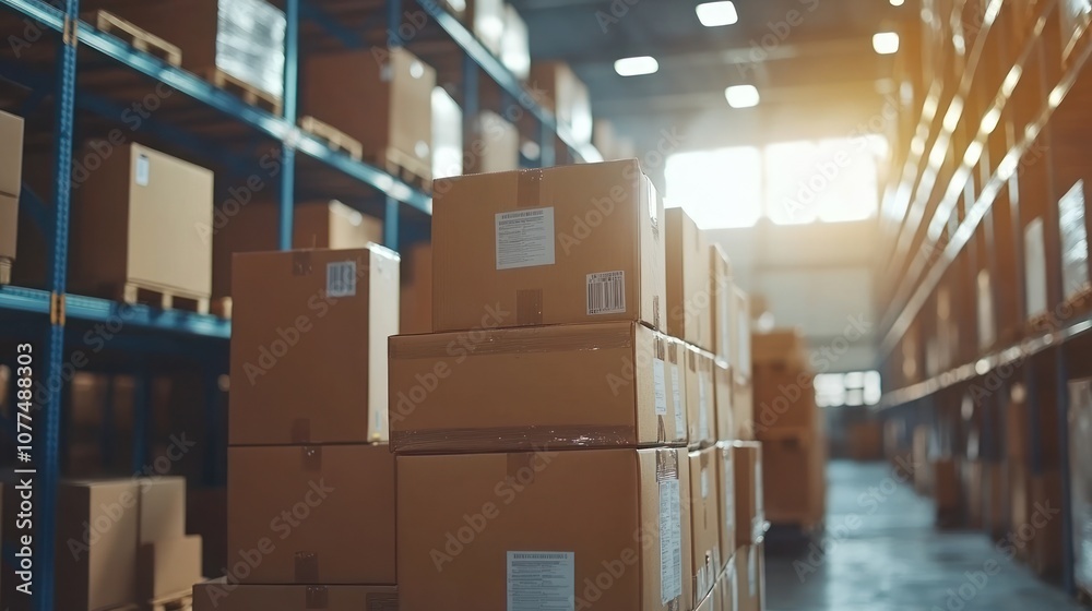 Rows of stacked cardboard boxes in a warehouse. Rows of stacked cardboard boxes in a warehouse.