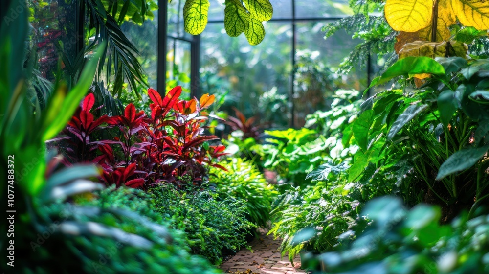 Lush Green Foliage in a Sunlit Greenhouse