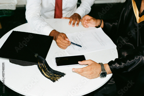 A company manager offers a work contract to a university graduate. photo