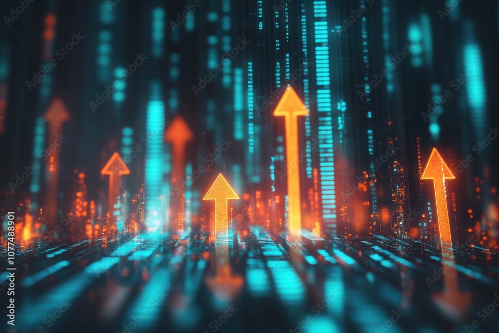Arrows pointing upwards on a graph line with a glowing effect, representing a stock market growth concept Generative AI