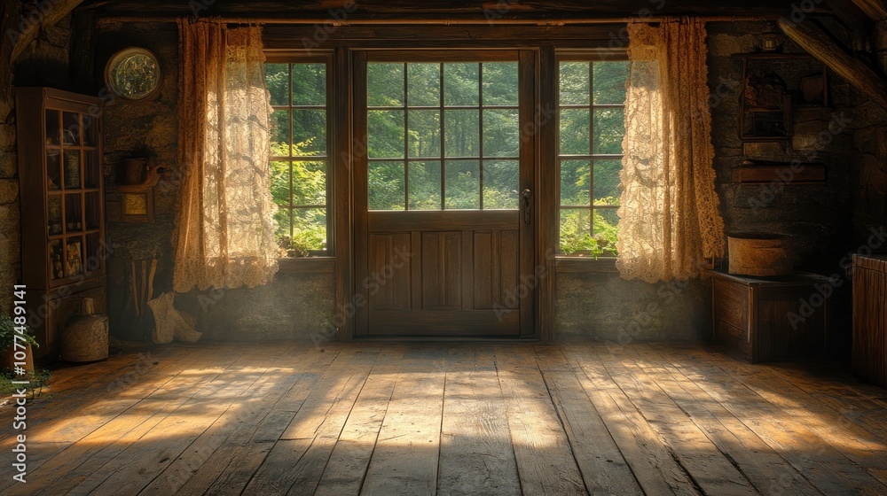Rustic wooden cabin interior with a door and window with light streaming in. Rustic wooden cabin interior with a door and window with light streaming in.