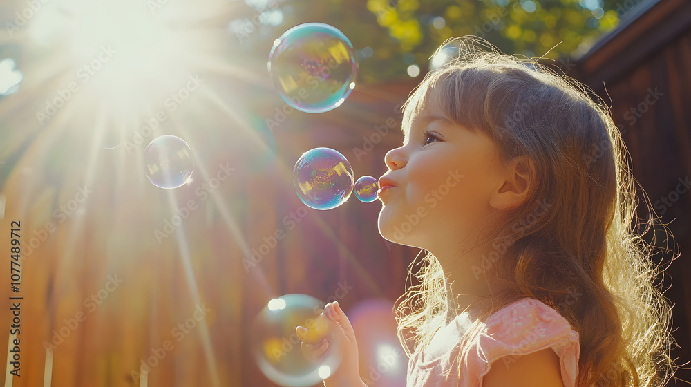 A little girl blowing bubbles in a sunny backyard with rainbow reflections and her delighted smile as bubbles float around. A little girl blowing bubbles in a sunny backyard with rainbow reflections and her delighted smile as bubbles float around.