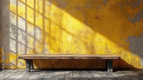 Rustic wooden bench against a yellow wall with sunlight streaming through a window.