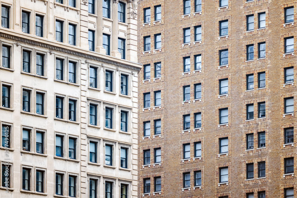 Close-up of contrasting facade designs on New York City buildings Close-up of contrasting facade designs on New York City buildings
