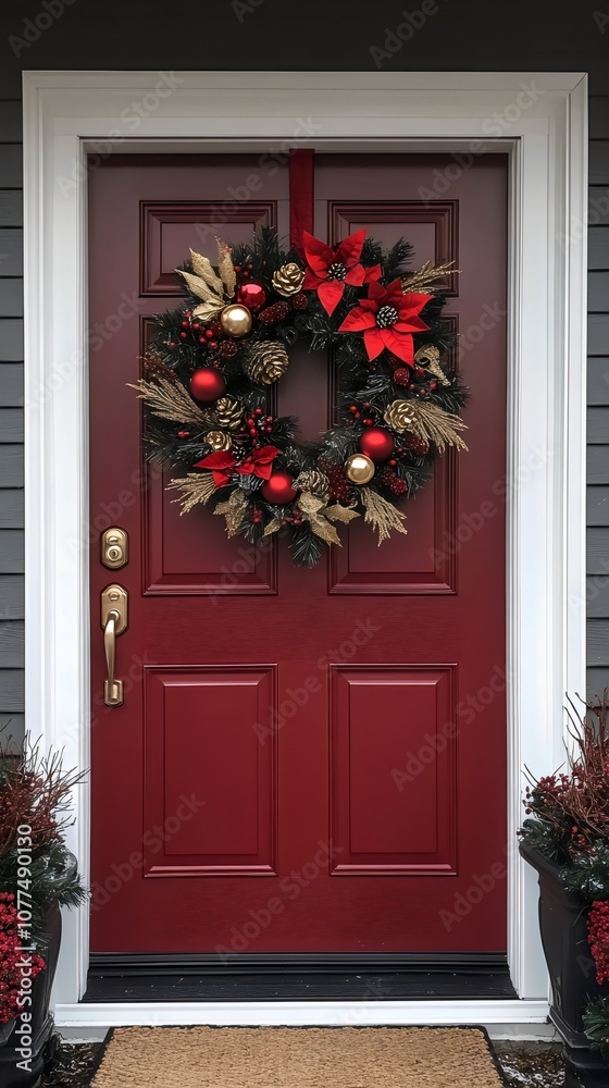 Christmas Wreath Hanging on a Burgundy Door Christmas Wreath Hanging on a Burgundy Door