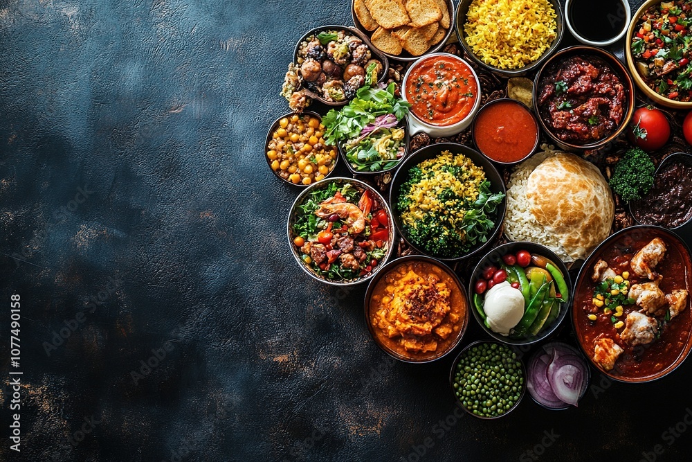 Fototapeta premium Variety of colorful Indian dishes on dark surface