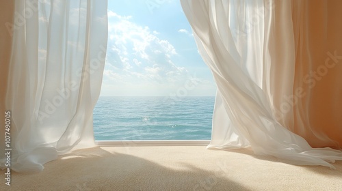 Sheer curtains blowing in the wind, revealing a view of the ocean.