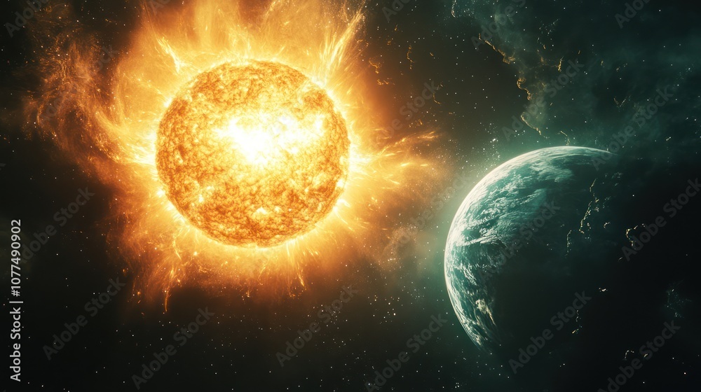 Obraz premium A fiery sun flares in space, casting light on a nearby planet.