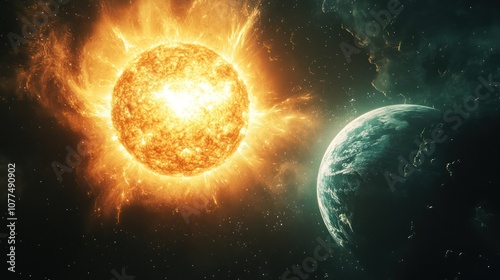 A fiery sun flares in space, casting light on a nearby planet.