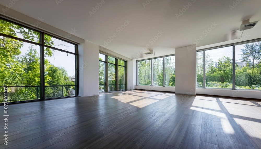 Obraz premium bright open space with large windows and greenery