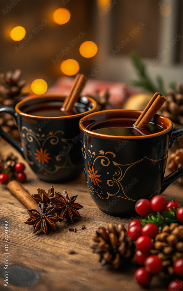 Two Dark Blue Cups with Gold Trim Filled with Tea on Wooden Table Surrounded by Holiday Decorations and Blurred Holiday Lights Background Two Dark Blue Cups with Gold Trim Filled with Tea on Wooden Table Surrounded by Holiday Decorations and Blurred Holiday Lights Background