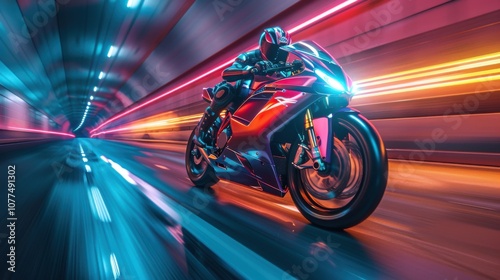 A superbike speeding through a narrow alleyway, the city's lights reflecting off its surface