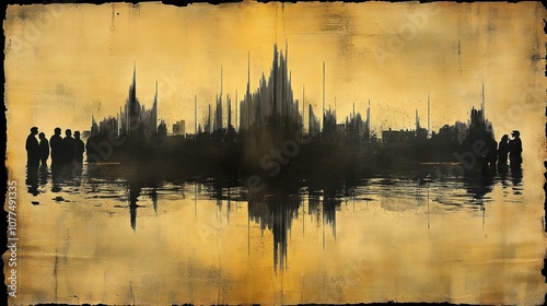 Silhouettes of people standing in front of a city skyline reflected in water, with a grunge texture.