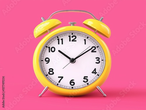 Yellow retro alarm clock on vibrant pink background