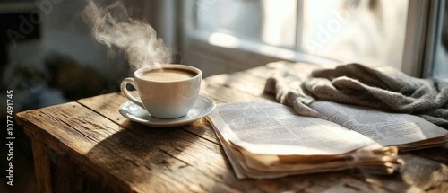 A steaming cup of coffee sits invitingly next to an open book on a rustic wooden table, creating a scene of warmth and relaxation. photo